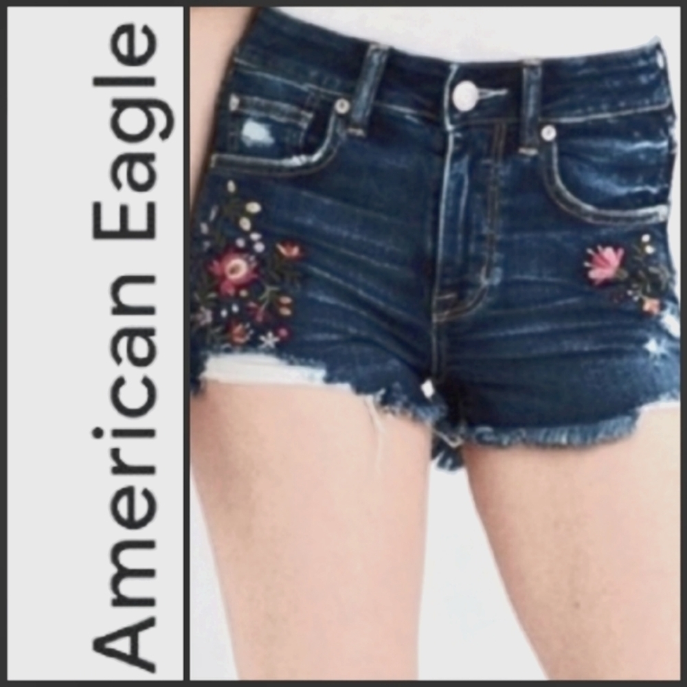 AMERICAN EAGLE Embroidered Floral Next Level Stretch Cut-Off Denim Jean Shorts 2